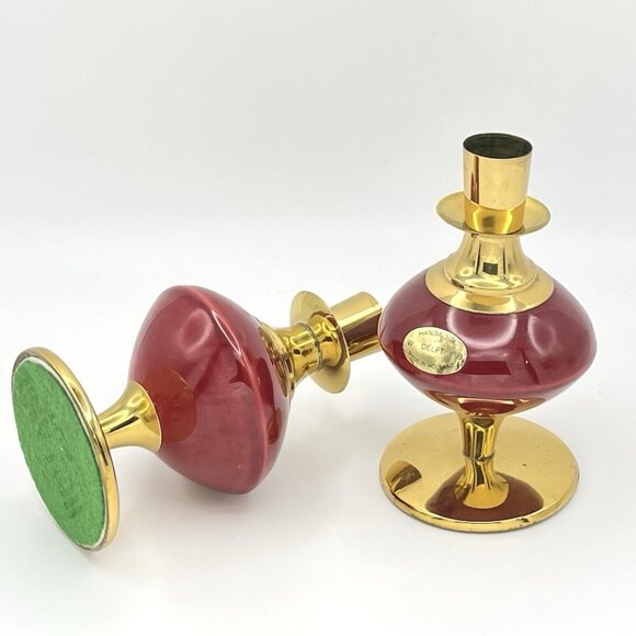 Vintage Mid-Century W. Delft B Holland Red & Gold Brass Candle Holders Atomic - Picture 2 of 11
